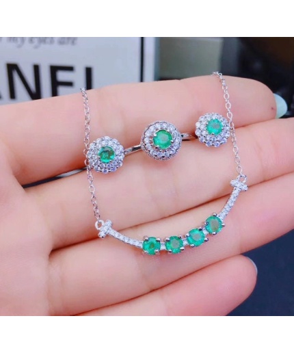 Natural Emerald Jewelry Set, Engagement Ring, Emerald Silver Pendent, Woman Earring Pendant Necklace, Luxury Pendent, Round Cut Stone | Save 33% - Rajasthan Living