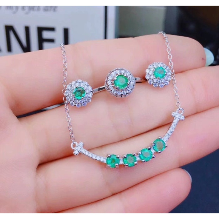 Natural Emerald Jewelry Set, Engagement Ring, Emerald Silver Pendent, Woman Earring Pendant Necklace, Luxury Pendent, Round Cut Stone | Save 33% - Rajasthan Living 5