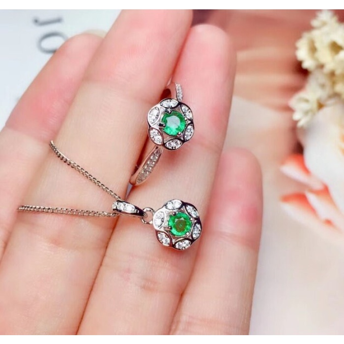 Natural Emerald Jewelry Set, Engagement Ring, Emerald Silver Pendent, Woman Earring Pendant Necklace, Luxury Pendent, Round Cut Stone | Save 33% - Rajasthan Living 7