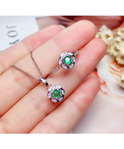 Natural Emerald Jewelry Set, Engagement Ring, Emerald Silver Pendent, Woman Earring Pendant Necklace, Luxury Pendent, Round Cut Stone | Save 33% - Rajasthan Living