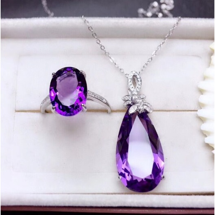 Natural Amethyst Jewellery Set , Engagement Pendent, Silver Amethyst Pendent, Woman Ring, Luxury Pendent, Pear Cut Stone Pendent | Save 33% - Rajasthan Living 8