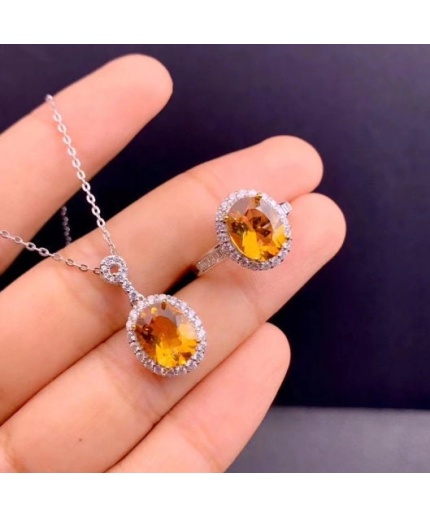 Natural Citrine Jewellery Set, Engagement Ring, Citrine Pendent, Woman Pendant, Pendant Necklace, Luxury Pendent, Oval Stone Pendent | Save 33% - Rajasthan Living