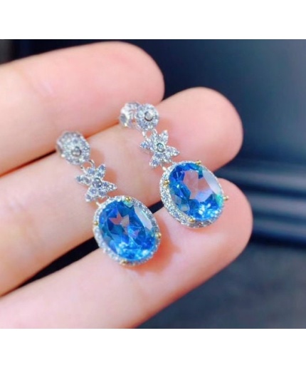 Natural Blue Topaz Drop Earrings, 925 Sterling Silver, Drop Earrings, Blue Topaz Earrings, Luxury Earrings, Oval Cut Stone Earrings | Save 33% - Rajasthan Living