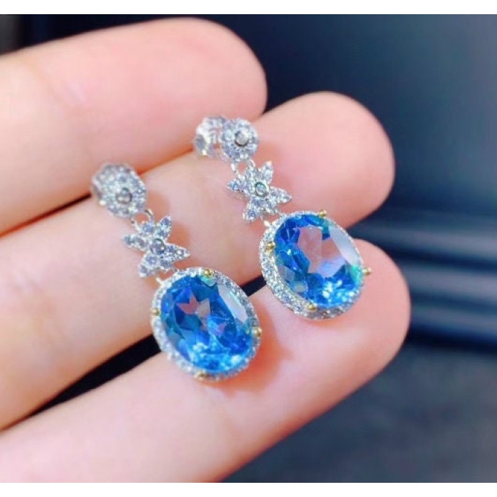 Natural Blue Topaz Drop Earrings, 925 Sterling Silver, Drop Earrings, Blue Topaz Earrings, Luxury Earrings, Oval Cut Stone Earrings | Save 33% - Rajasthan Living 5