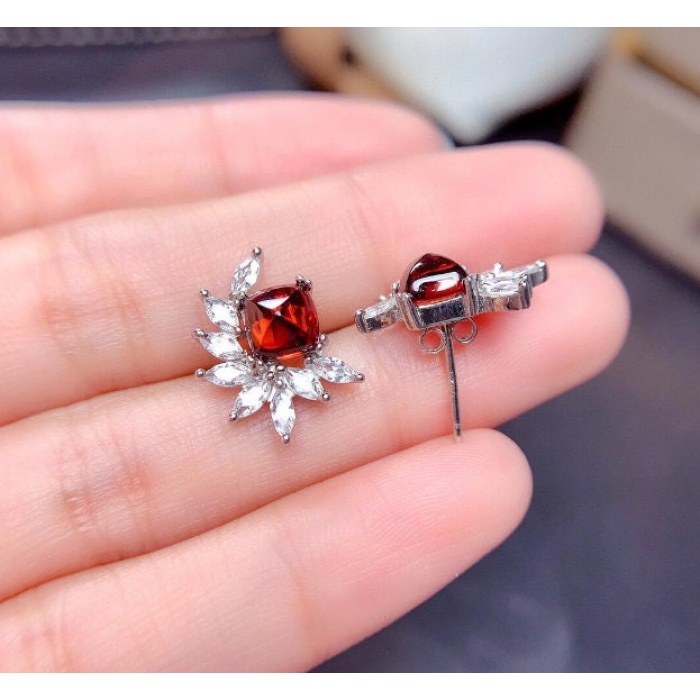 Natural Garnet Studs Earrings, 925 Sterling Silver, Garnet Studs Earrings, Earrings, Garnet Earrings, Luxury Earrings, Princess Cut Stone | Save 33% - Rajasthan Living 7