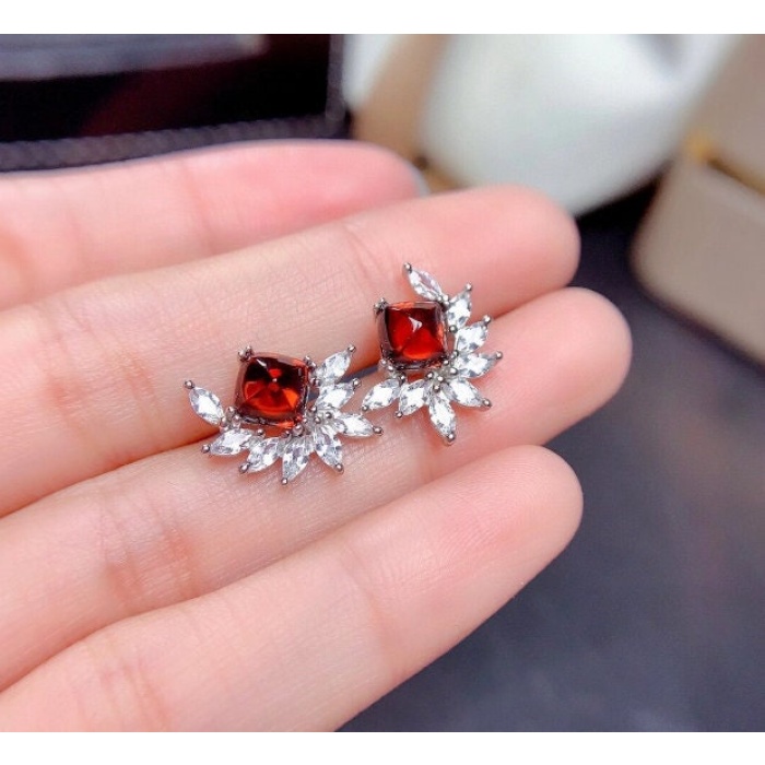 Natural Garnet Studs Earrings, 925 Sterling Silver, Garnet Studs Earrings, Earrings, Garnet Earrings, Luxury Earrings, Princess Cut Stone | Save 33% - Rajasthan Living 6