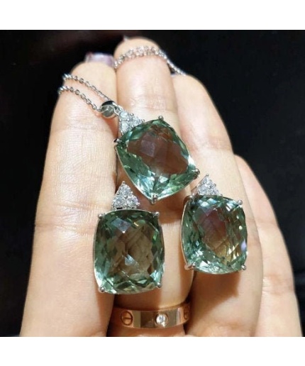 Natural Green Amethyst Jewelry Set, Engagement Ring, Green Amethyst Jewellery Set, Woman Pendant, Luxury Pendent, Cushion Cut Stone Pendent | Save 33% - Rajasthan Living 5