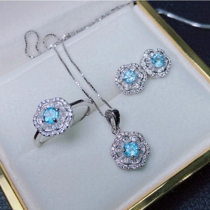 Natural Blue Topaz Jewelry Set, Engagement Ring, Blue Topaz Jewellery Set,Woman Pendant,Topaz Necklace,Luxury Pendent, Round Cut Stone | Save 33% - Rajasthan Living 9