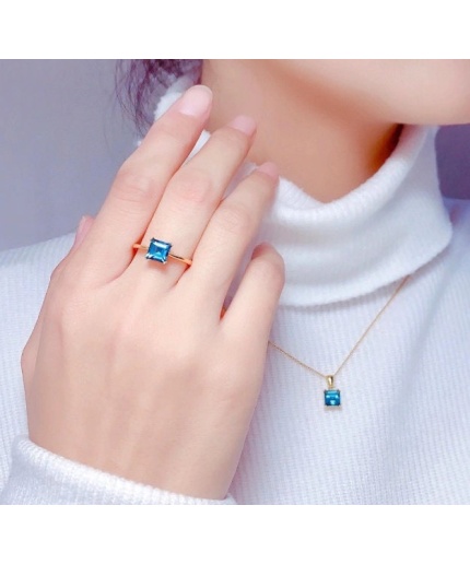 Natural Blue Topaz Jewelry Set, Engagement Ring, Blue Topaz Jewelry Set, Woman Pendant, Topaz Necklace, Luxury Pendent, Square Cut Stone | Save 33% - Rajasthan Living 3