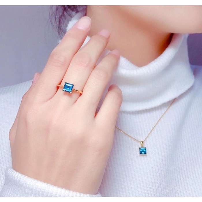 Natural Blue Topaz Jewelry Set, Engagement Ring, Blue Topaz Jewelry Set, Woman Pendant, Topaz Necklace, Luxury Pendent, Square Cut Stone | Save 33% - Rajasthan Living 6