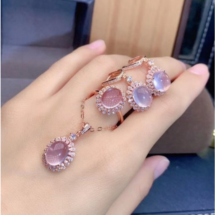 Natural Rose Quartz Jewelry Set, Engagement Ring, Rose Quartz Silver Pendent, Woman Pendant, Pendant Necklace, Luxury Ring, Oval Cabochon | Save 33% - Rajasthan Living 9