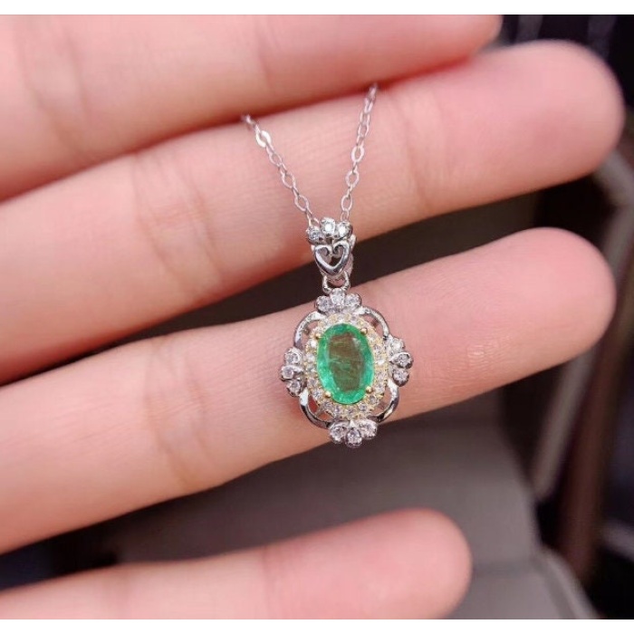 Natural Emerald Pendant, Engagement Pendant, Emerald Silver Pendent, Woman Pendant, Pendant Necklace, Luxury Pendent, Oval Cut Stone Pendent | Save 33% - Rajasthan Living 7