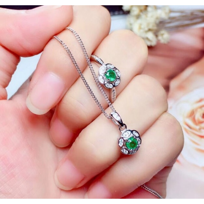 Natural Emerald Jewelry Set, Engagement Ring, Emerald Silver Pendent, Woman Earring Pendant Necklace, Luxury Pendent, Round Cut Stone | Save 33% - Rajasthan Living 9