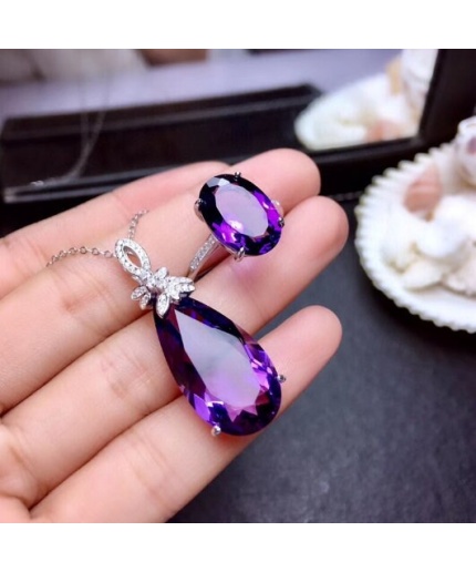 Natural Amethyst Jewellery Set , Engagement Pendent, Silver Amethyst Pendent, Woman Ring, Luxury Pendent, Pear Cut Stone Pendent | Save 33% - Rajasthan Living 3