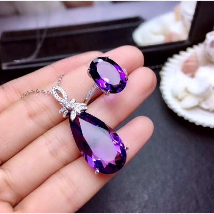 Natural Amethyst Jewellery Set , Engagement Pendent, Silver Amethyst Pendent, Woman Ring, Luxury Pendent, Pear Cut Stone Pendent | Save 33% - Rajasthan Living 6