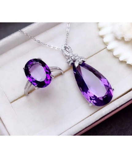 Natural Amethyst Jewellery Set , Engagement Pendent, Silver Amethyst Pendent, Woman Ring, Luxury Pendent, Pear Cut Stone Pendent | Save 33% - Rajasthan Living