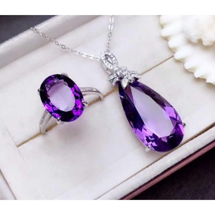 Natural Amethyst Jewellery Set , Engagement Pendent, Silver Amethyst Pendent, Woman Ring, Luxury Pendent, Pear Cut Stone Pendent | Save 33% - Rajasthan Living 5