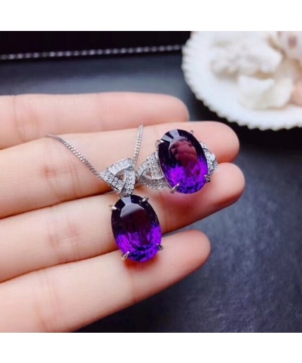 Natural Amethyst Jewellery Set , Engagement Pendent, Silver Amethyst Pendent, Woman Ring, Luxury Pendent, Oval Cut Stone Pendent | Save 33% - Rajasthan Living 3