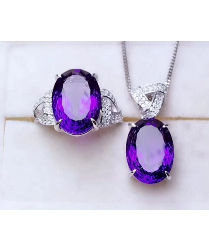 Natural Amethyst Jewellery Set , Engagement Pendent, Silver Amethyst Pendent, Woman Ring, Luxury Pendent, Oval Cut Stone Pendent | Save 33% - Rajasthan Living