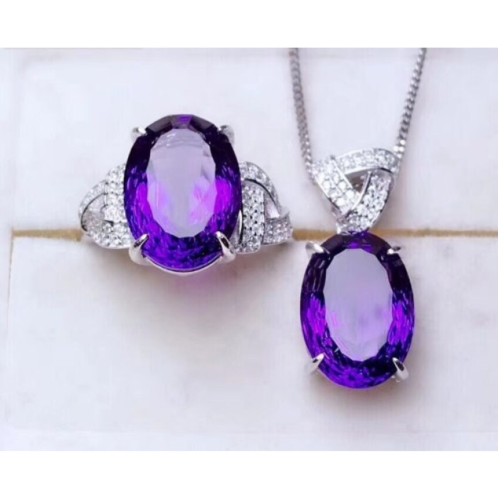 Natural Amethyst Jewellery Set , Engagement Pendent, Silver Amethyst Pendent, Woman Ring, Luxury Pendent, Oval Cut Stone Pendent | Save 33% - Rajasthan Living 5