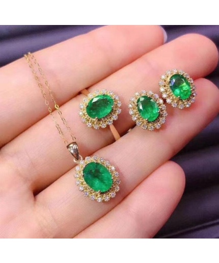 Natural Emerald Jewelry Set, Engagement Ring, Emerald Silver Pendent, Woman Earring Pendant Necklace, Luxury Pendent, Oval Cut Stone Pendent | Save 33% - Rajasthan Living 3