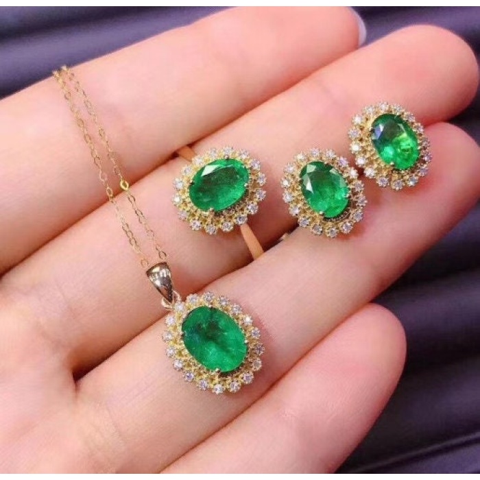 Natural Emerald Jewelry Set, Engagement Ring, Emerald Silver Pendent, Woman Earring Pendant Necklace, Luxury Pendent, Oval Cut Stone Pendent | Save 33% - Rajasthan Living 6