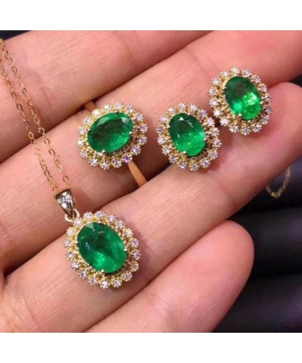 Natural Emerald Jewelry Set, Engagement Ring, Emerald Silver Pendent, Woman Earring Pendant Necklace, Luxury Pendent, Oval Cut Stone Pendent | Save 33% - Rajasthan Living