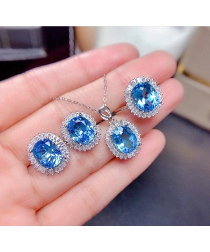 Natural Blue Topaz Jewelry Set, Engagement Ring, Blue Topaz Jewellery Set, Woman Pendant, Topaz Necklace, Luxury Pendent, Oval Cut Stone | Save 33% - Rajasthan Living