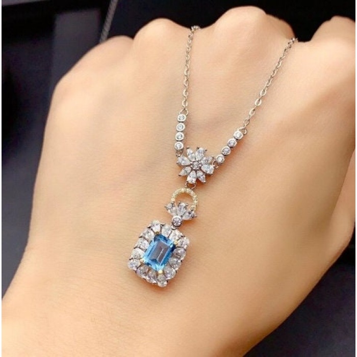 Natural Blue Topaz Pendant, Engagement Blue Topaz Silver Pendent, Woman Pendant, Pendant Necklace, Luxury Pendent, Emerald Cut Stone Pendent | Save 33% - Rajasthan Living 8