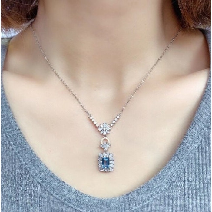 Natural Blue Topaz Pendant, Engagement Blue Topaz Silver Pendent, Woman Pendant, Pendant Necklace, Luxury Pendent, Emerald Cut Stone Pendent | Save 33% - Rajasthan Living 6