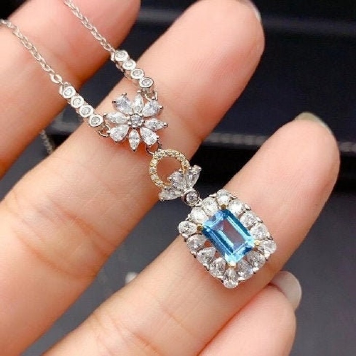 Natural Blue Topaz Pendant, Engagement Blue Topaz Silver Pendent, Woman Pendant, Pendant Necklace, Luxury Pendent, Emerald Cut Stone Pendent | Save 33% - Rajasthan Living 7