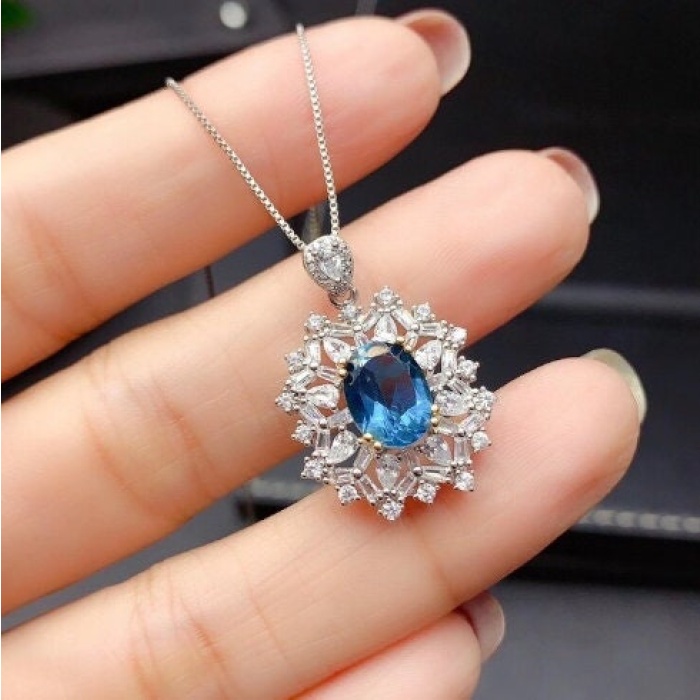 Natural Blue Topaz Jewelry Set, Engagement Ring, Blue Topaz Jewellery Set, Woman Pendant, Topaz Necklace, Luxury Pendant, Oval Cut Stone | Save 33% - Rajasthan Living 7