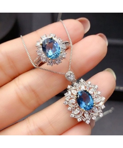 Natural Blue Topaz Jewelry Set, Engagement Ring, Blue Topaz Jewellery Set, Woman Pendant, Topaz Necklace, Luxury Pendant, Oval Cut Stone | Save 33% - Rajasthan Living 3