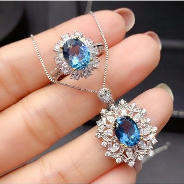 Natural Blue Topaz Jewelry Set, Engagement Ring, Blue Topaz Jewellery Set, Woman Pendant, Topaz Necklace, Luxury Pendant, Oval Cut Stone | Save 33% - Rajasthan Living 6