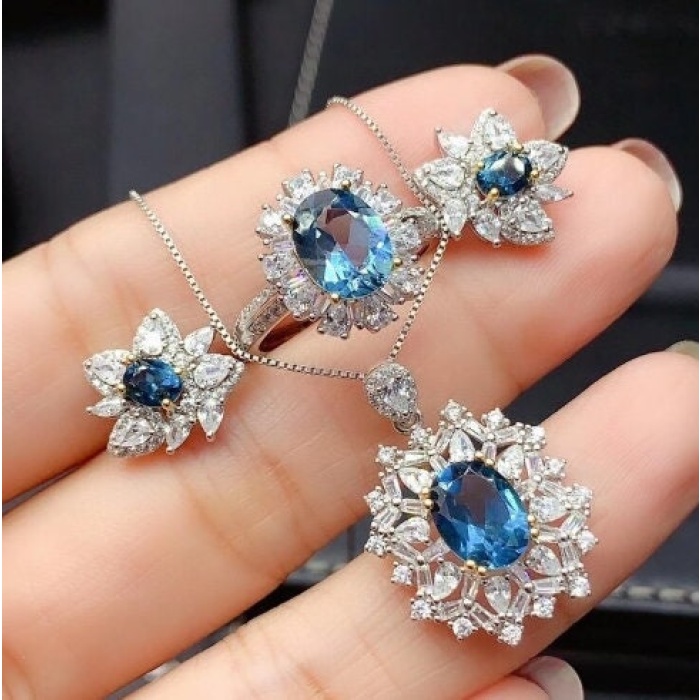 Natural Blue Topaz Jewelry Set, Engagement Ring, Blue Topaz Jewellery Set, Woman Pendant, Topaz Necklace, Luxury Pendant, Oval Cut Stone | Save 33% - Rajasthan Living 9