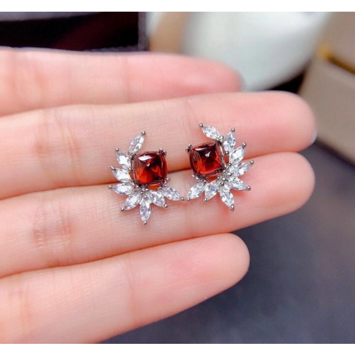 Natural Garnet Studs Earrings, 925 Sterling Silver, Garnet Studs Earrings, Earrings, Garnet Earrings, Luxury Earrings, Princess Cut Stone | Save 33% - Rajasthan Living 5