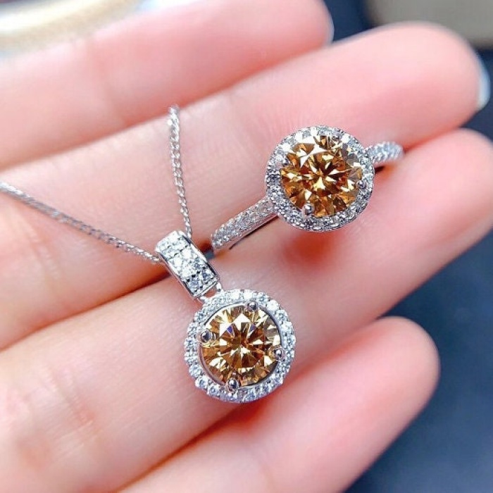 Yellow Moissanite Jewelry Set, 925 Sterling Silver, 1ct Moissanite Ring, Engagement Ring, Wedding Ring, Luxury Pendant, Round Cut Stone | Save 33% - Rajasthan Living 5