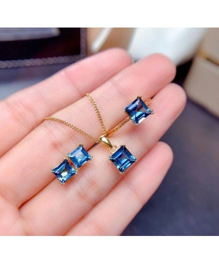 Natural Blue Topaz Jewelry Set, Engagement Ring, Blue Topaz Jewelry Set, Woman Pendant, Topaz Necklace, Luxury Pendent, Square Cut Stone | Save 33% - Rajasthan Living