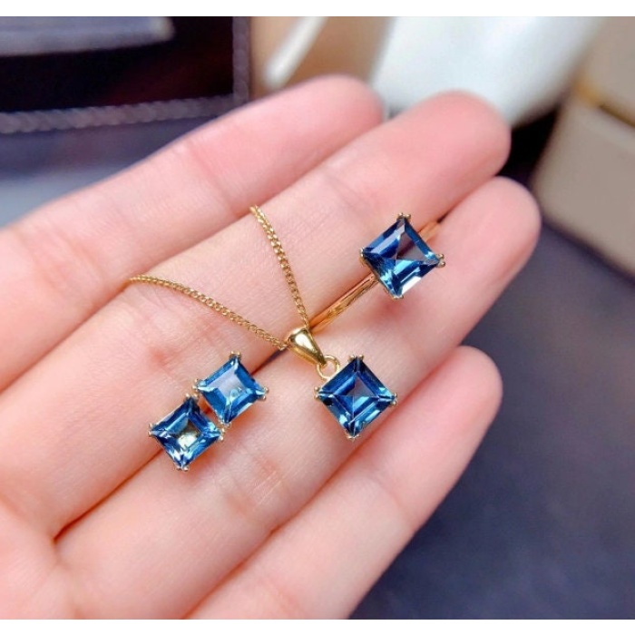 Natural Blue Topaz Jewelry Set, Engagement Ring, Blue Topaz Jewelry Set, Woman Pendant, Topaz Necklace, Luxury Pendent, Square Cut Stone | Save 33% - Rajasthan Living 5