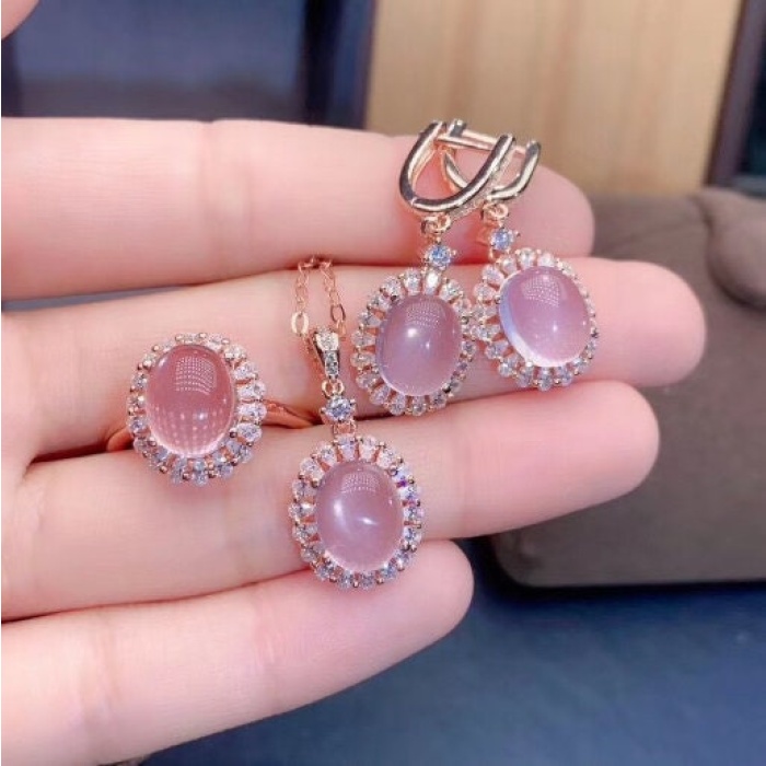 Natural Rose Quartz Jewelry Set, Engagement Ring, Rose Quartz Silver Pendent, Woman Pendant, Pendant Necklace, Luxury Ring, Oval Cabochon | Save 33% - Rajasthan Living 5