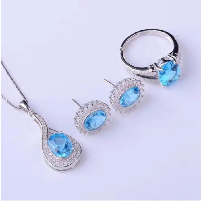 Natural Blue Topaz Jewelry Set, Engagement Ring, Blue Topaz Jewelry Set, Woman Pendant, Topaz Necklace, Luxury Pendent, Oval Cut Stone | Save 33% - Rajasthan Living 6