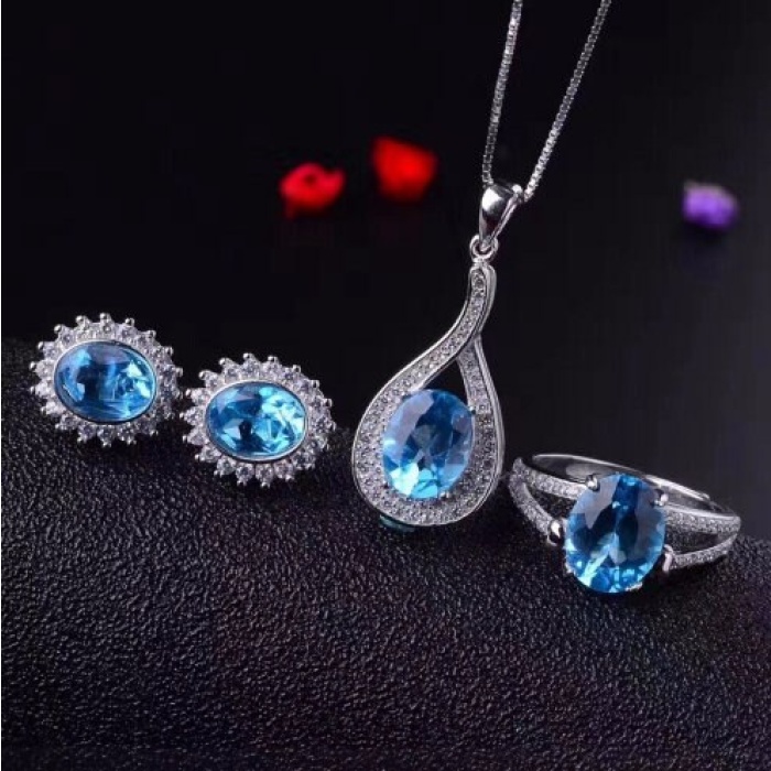 Natural Blue Topaz Jewelry Set, Engagement Ring, Blue Topaz Jewelry Set, Woman Pendant, Topaz Necklace, Luxury Pendent, Oval Cut Stone | Save 33% - Rajasthan Living 5