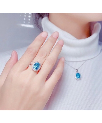 Natural Blue Topaz Jewelry Set, Engagement Ring, Blue Topaz Jewellery Set, Woman Pendant, Topaz Necklace, Luxury Pendent, Oval Cut Stone | Save 33% - Rajasthan Living 3