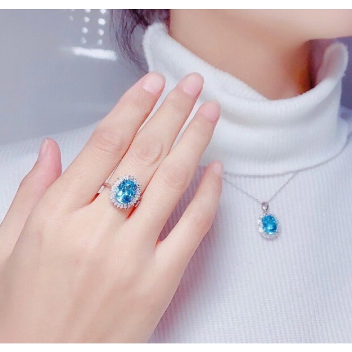 Natural Blue Topaz Jewelry Set, Engagement Ring, Blue Topaz Jewellery Set, Woman Pendant, Topaz Necklace, Luxury Pendent, Oval Cut Stone | Save 33% - Rajasthan Living 6