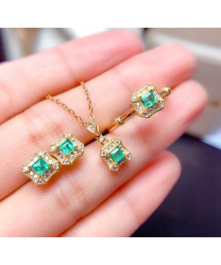 Natural Emerald Jewelry Set, Engagement Ring, Emerald Silver Pendent, Woman Earring Pendant Necklace, Luxury Pendent, Square Cut Stone | Save 33% - Rajasthan Living