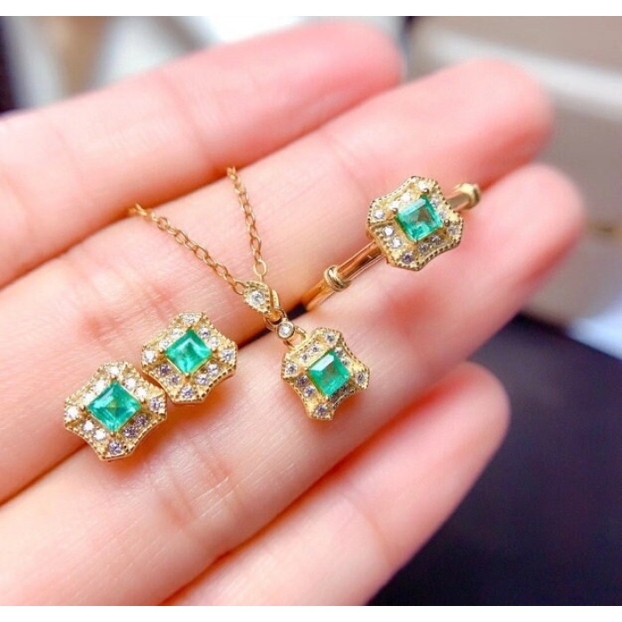 Natural Emerald Jewelry Set, Engagement Ring, Emerald Silver Pendent, Woman Earring Pendant Necklace, Luxury Pendent, Square Cut Stone | Save 33% - Rajasthan Living 5