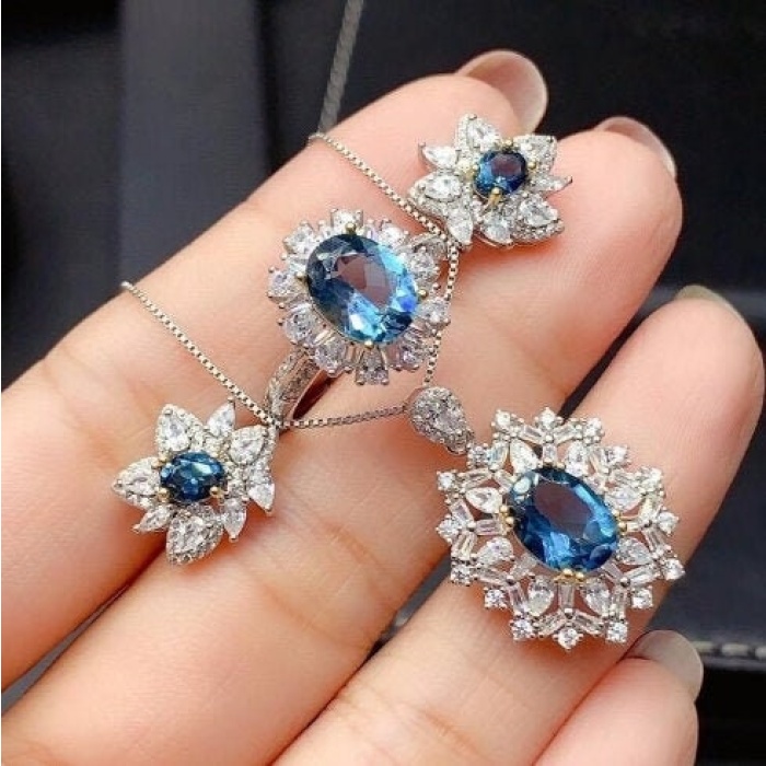 Natural Blue Topaz Jewelry Set, Engagement Ring, Blue Topaz Jewellery Set, Woman Pendant, Topaz Necklace, Luxury Pendant, Oval Cut Stone | Save 33% - Rajasthan Living 5