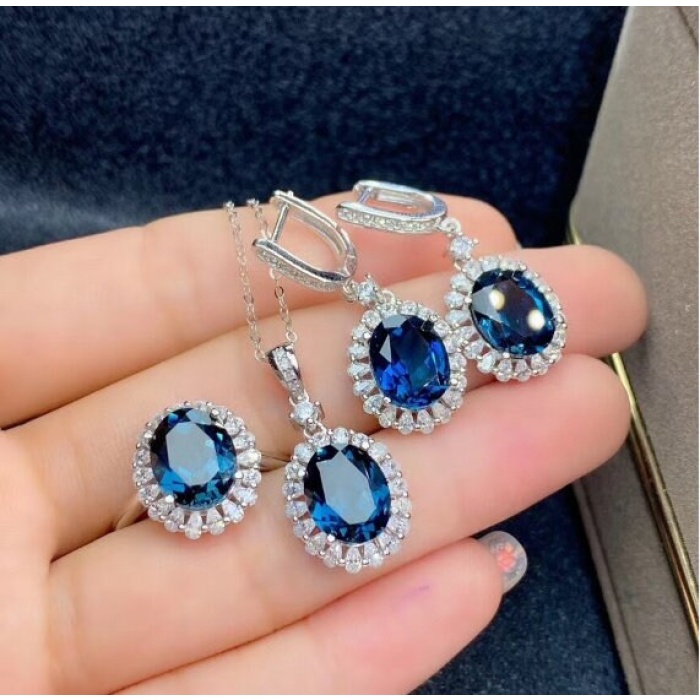 Natural Blue Topaz Jewelry Set, Engagement Ring, Blue Topaz Jewelry Set, Woman Pendant, Topaz Necklace, Luxury Pendant, Oval Cut Stone | Save 33% - Rajasthan Living 10