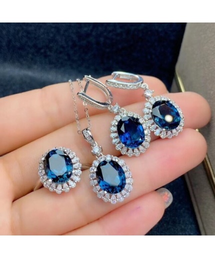 Natural Blue Topaz Jewelry Set, Engagement Ring, Blue Topaz Jewelry Set, Woman Pendant, Topaz Necklace, Luxury Pendant, Oval Cut Stone | Save 33% - Rajasthan Living