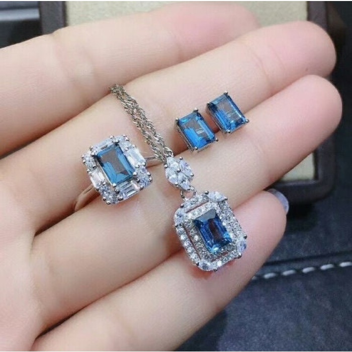 Natural Blue Topaz Jewelry Set, Engagement Ring, Blue Topaz Jewellery Set, Woman Pendant, Topaz Necklace, Luxury Pendant, Emerald Cut Stone | Save 33% - Rajasthan Living 9